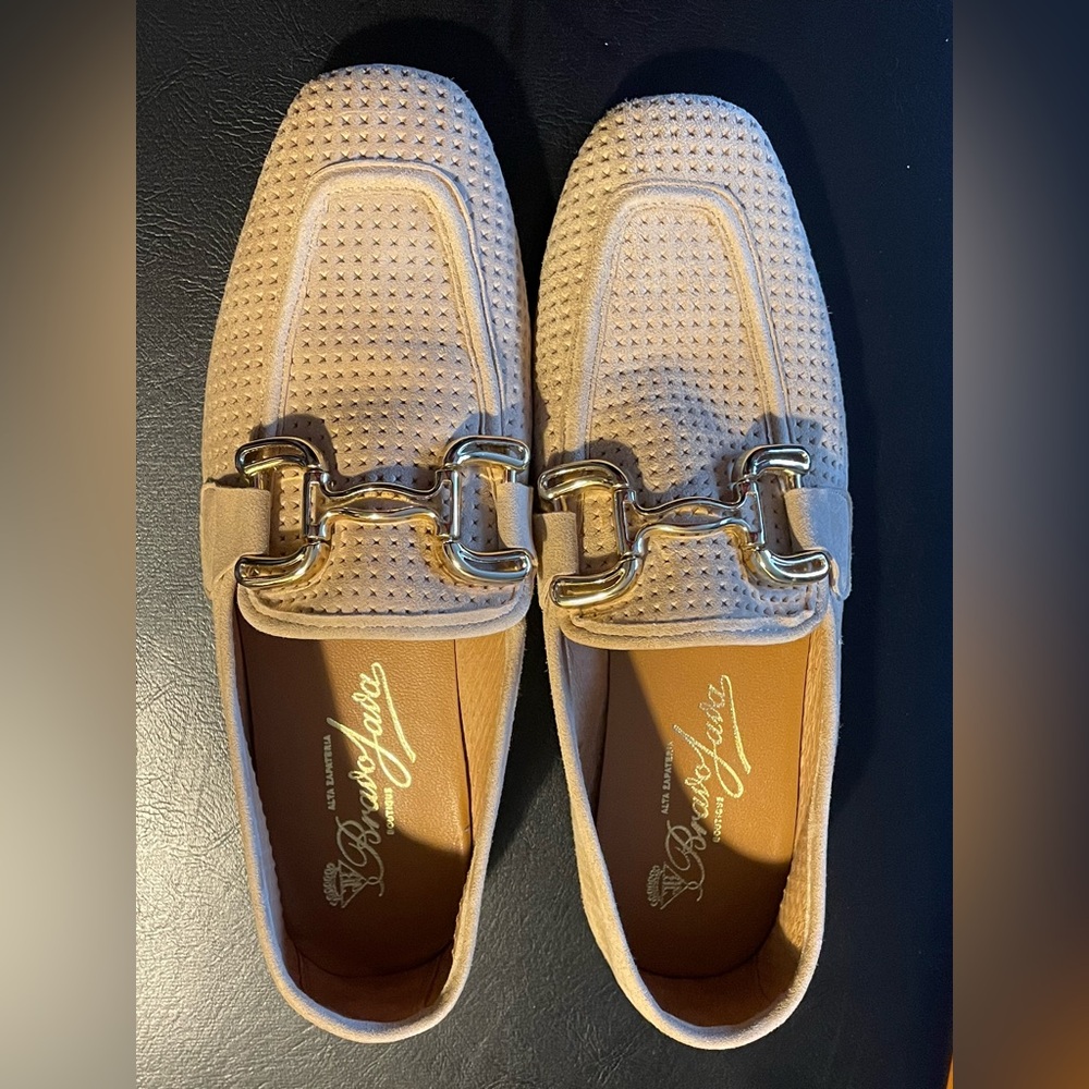 Suede soft loafers beige  gold hardware. Made in Spain . Size 37EU, 6.5-7 US .